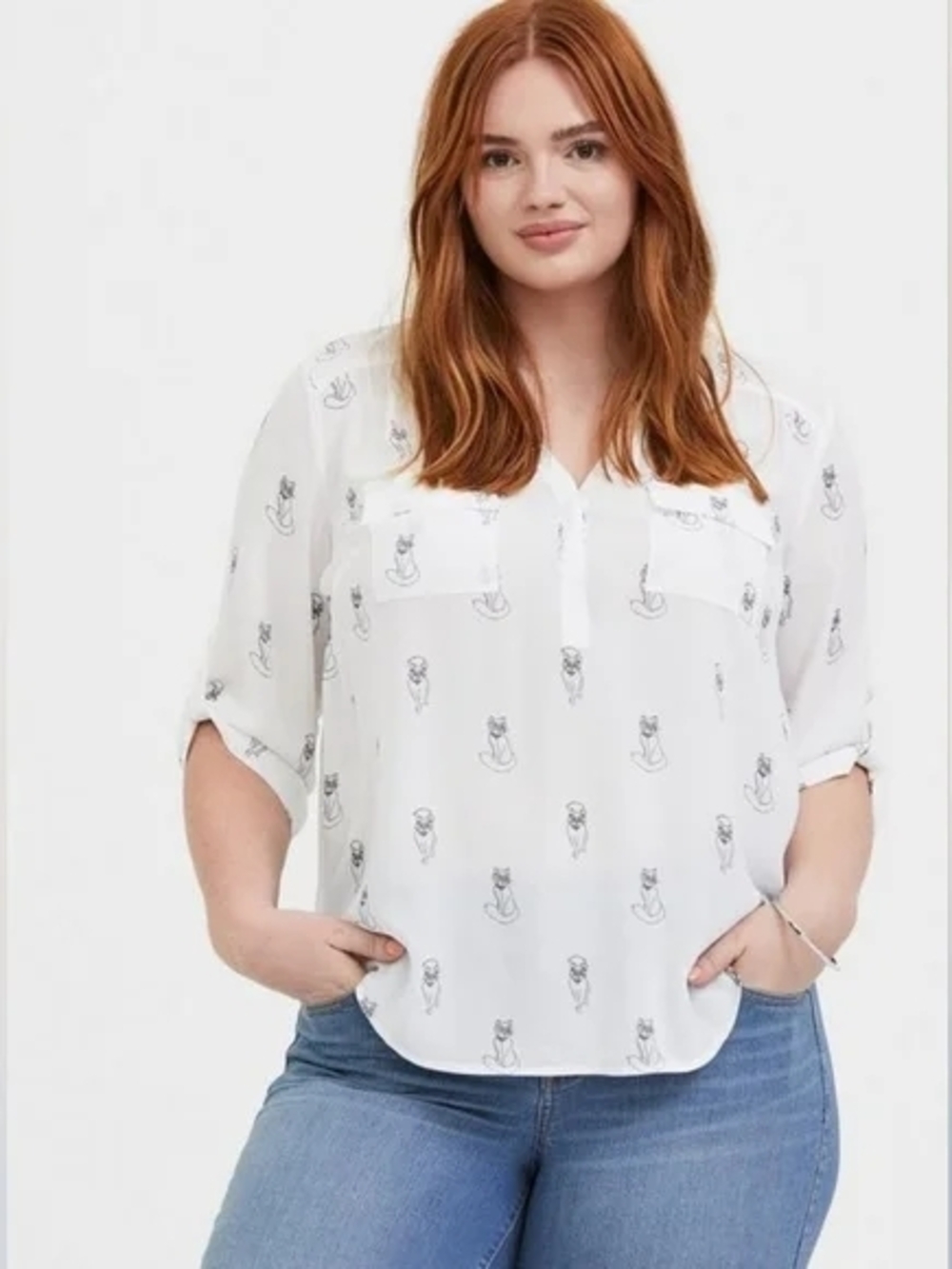 Torrid Cute White Cats With Glasses Printed Harper Blouse Size 2 Plus